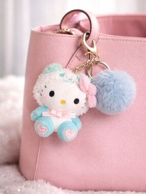 Hello Kitty Sanrio Plush Keychain Blue Pom Pom Kawaii Bag Charm FOB Silver Clasp